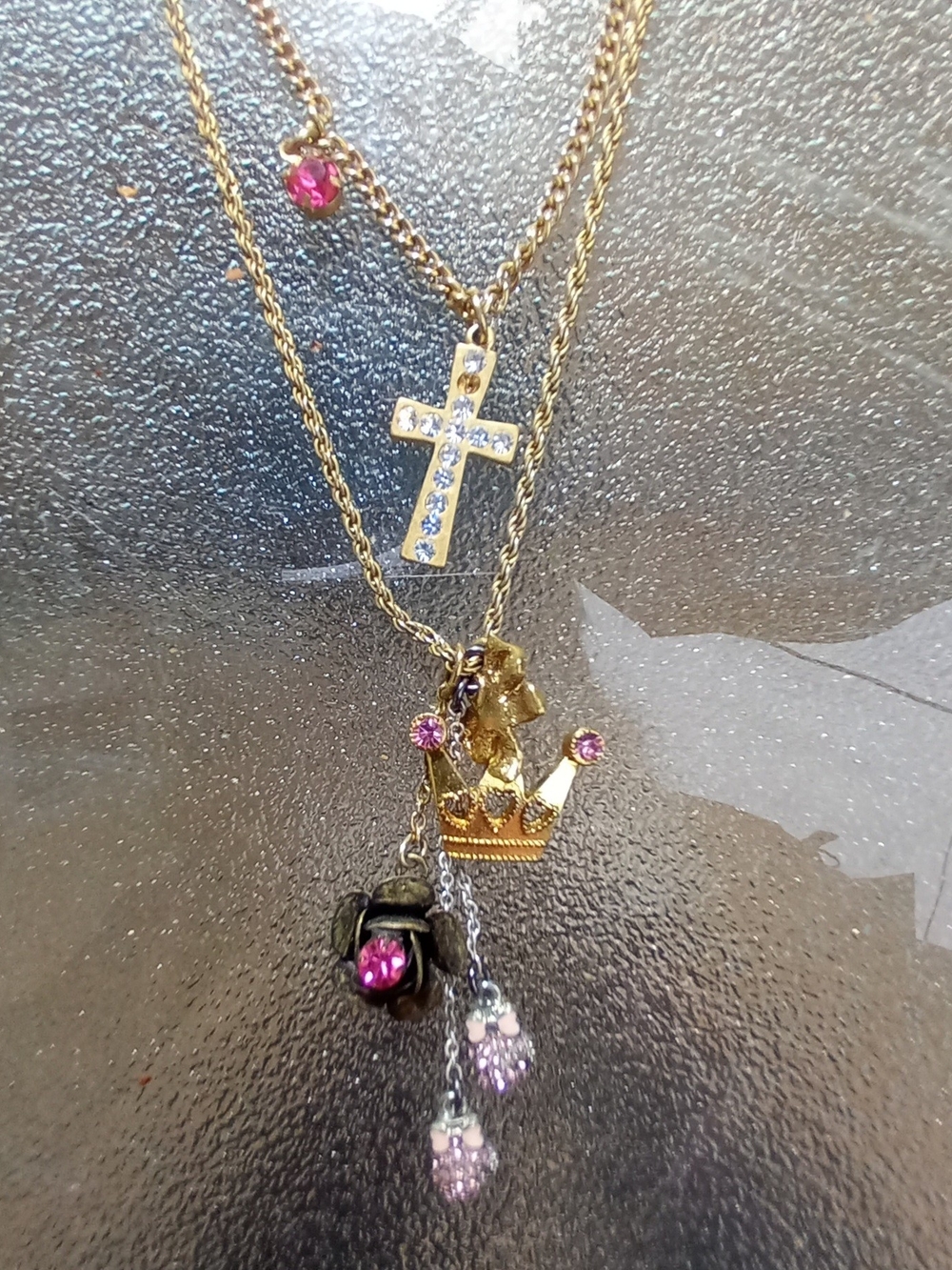 Juicy Couture BOXING Theme Gold-Tone Layered Cross & Crown Necklace